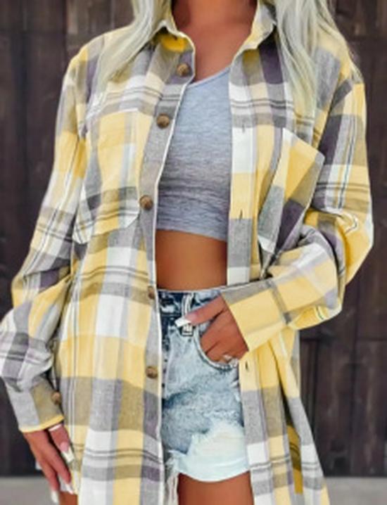 2024 Women's Pink Plaid Loose Long Sleeve Shirt Jacket