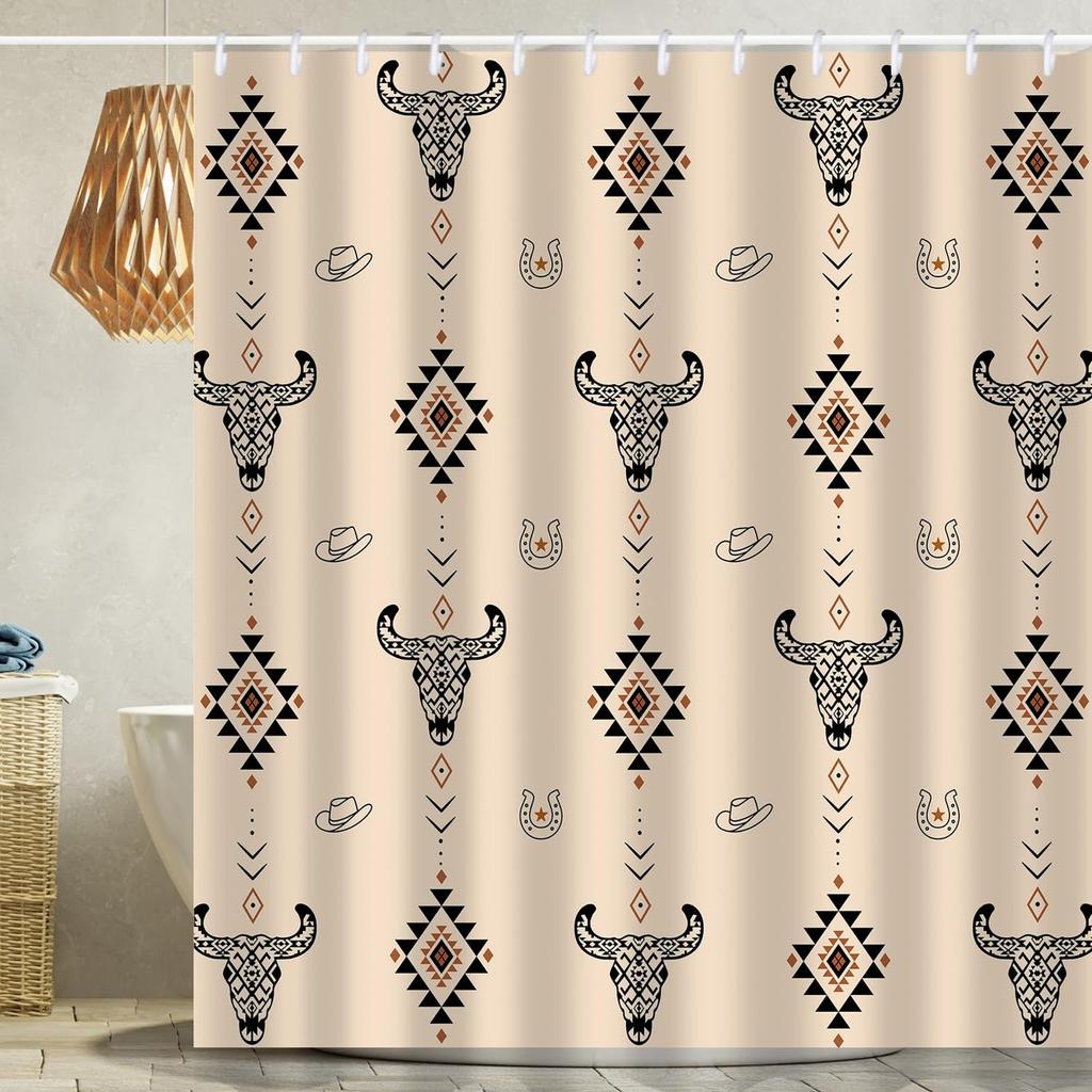 Cute Cowboy Bull Head Shower Curtain Western Design Bathroom Decor Rustic Farm Theme Waterproof Bath Curtain
