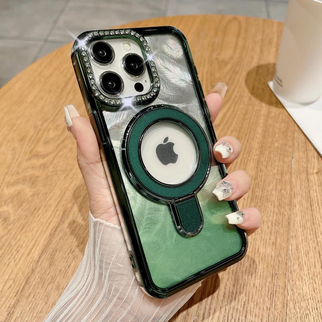 Suitable for Iphone15 Phone Case, Lens Flash Diamond, Apple 14promax, Gradient Feather, 13 Metal Stand, Hard Shell