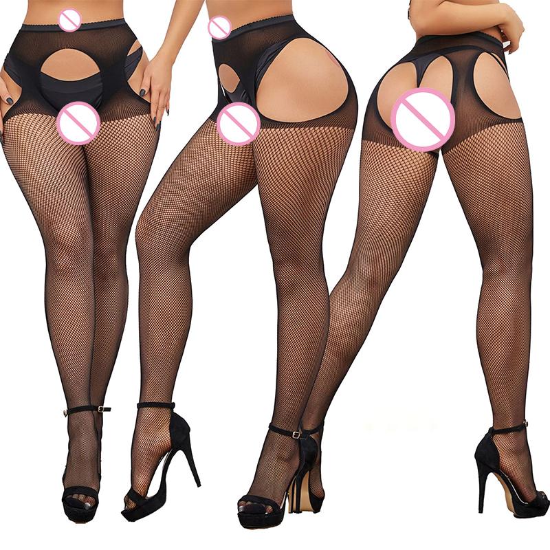 Women Erotic Lingerie Rhinestone Stockings With Belt Set High Fishnet Hosiery Sexy Crotchless Pantyhose Black Mesh Long Stocking