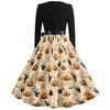 Women Long Sleeve V Neck Dress Vintage Halloween Print Midi Dress with Waist Tie Retro Casual Fit and Flare Dress for Daily Wear