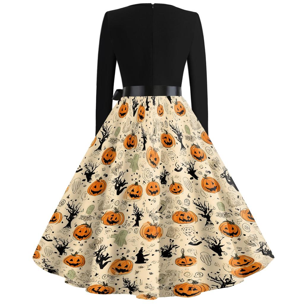 Women Long Sleeve V Neck Dress Vintage Halloween Print Midi Dress with Waist Tie Retro Casual Fit and Flare Dress for Daily Wear