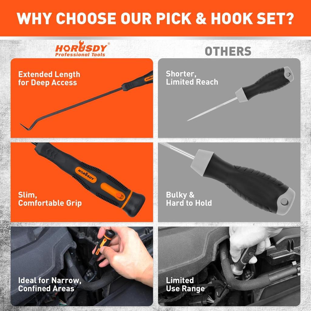 HORUSDY 8-Piece Professional Hook And Pick Set For Automotive Precision Work, Oil Seal Puller, O-Ring & Gasket Removal Tools With Ergonomic Handles