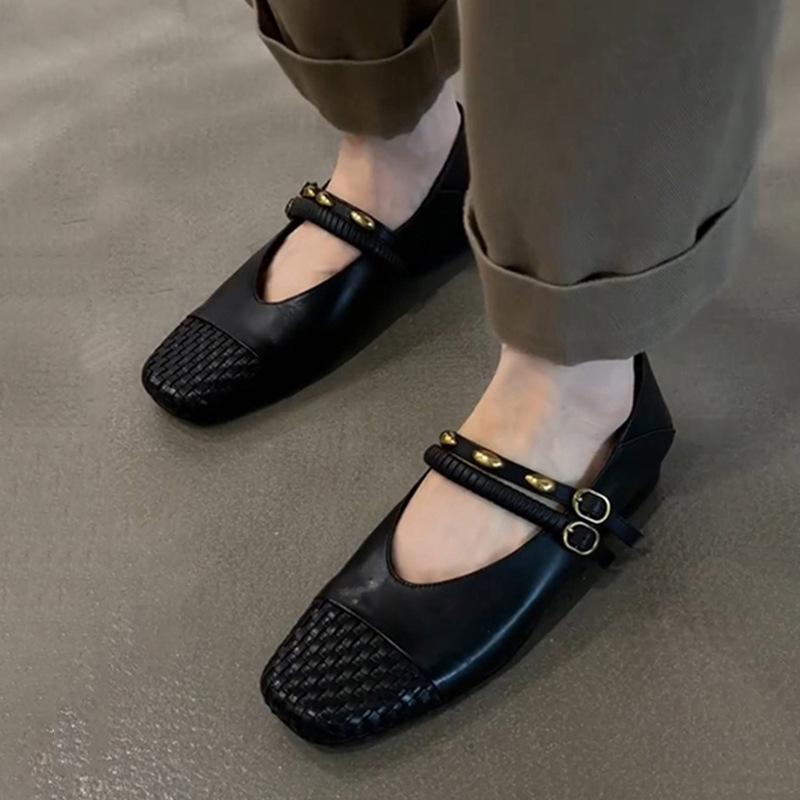 Sheepskin Version~ Genuine Leather Retro Hand-woven Flat-bottomed Shallow Mouth Single Shoes Women's Fashion New One-pedal Mary Jane Shoes