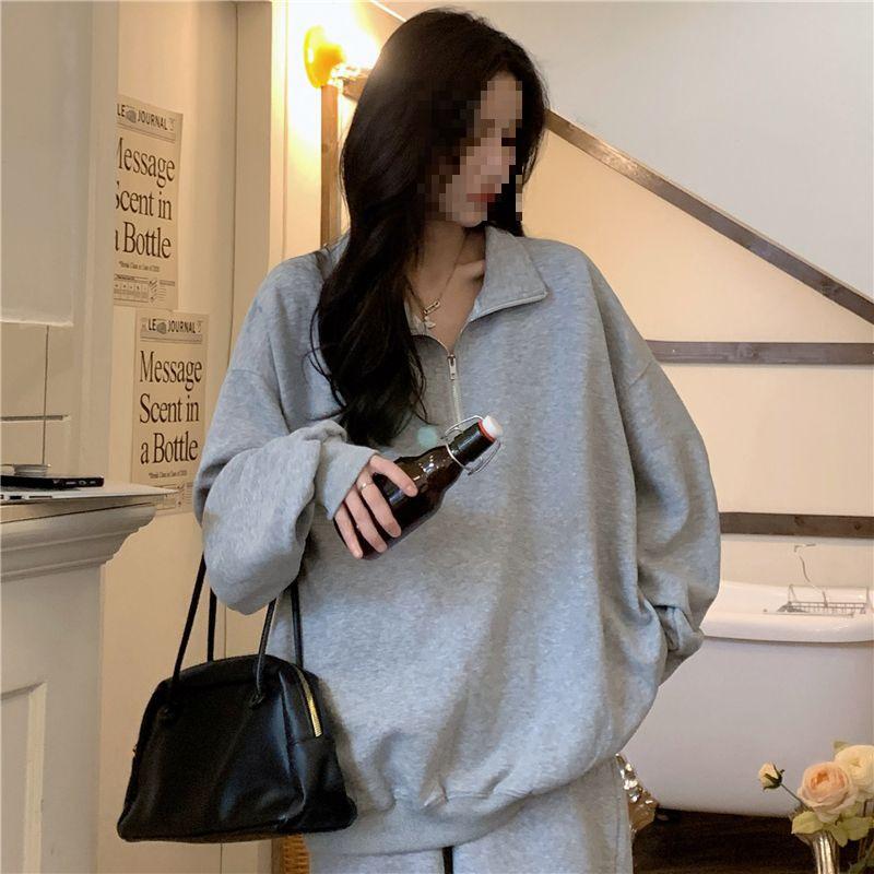 Women's Grey Mid-Length Polo Hoodie - Autumn Winter 2023 Lazy Style Trendy Outerwear