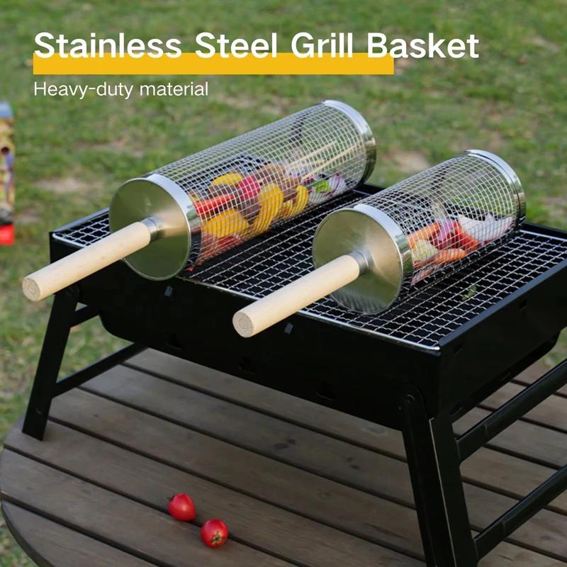 BBQ Basket Stainless Steel Rolling Grilling Basket Set Wire Mesh Cylinder Grill Basket Outdoor Camping Bbq Rack With Wood Handle