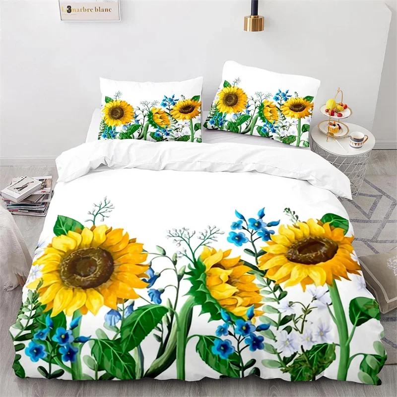 Sunflower Duvet Cover Botanical Floral Comforter Cover King Queen Twin for Kids Girls Room Microfiber Yellow Flowers Bedding Set
