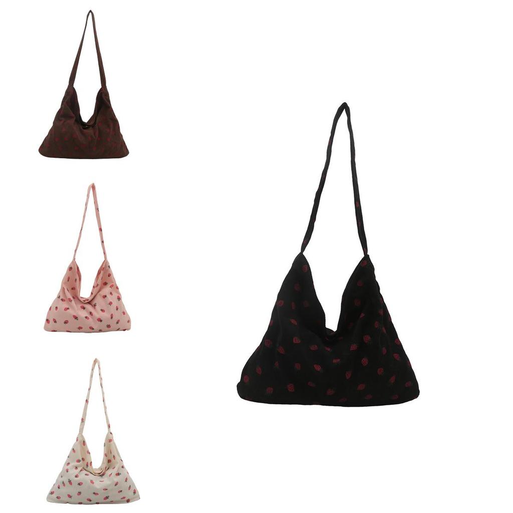 Corduroy Strawberry Print Tote Bag With Magnetic Closure For Daily Use