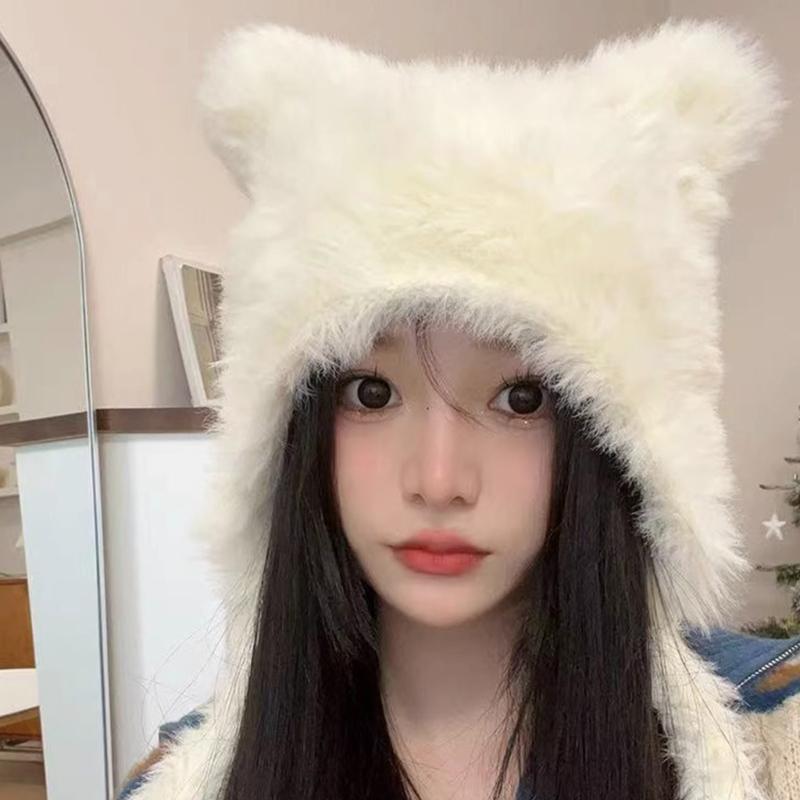 Winter Warm Plush Hat for Women Funny Bear Ear Hat Hooded Skull Hat Outdoor Activity Cap Windproof Headwear Pullover Hat