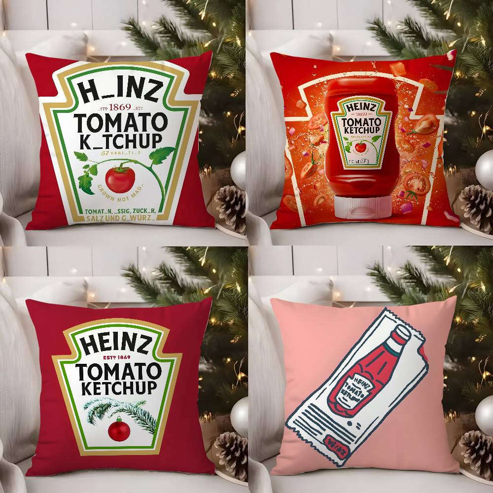 Funny H-heinzS Ketchup Label Pillow Case Soft Plush Fabric Double Sided Print Decorative Home Living Room Gift Cushion
