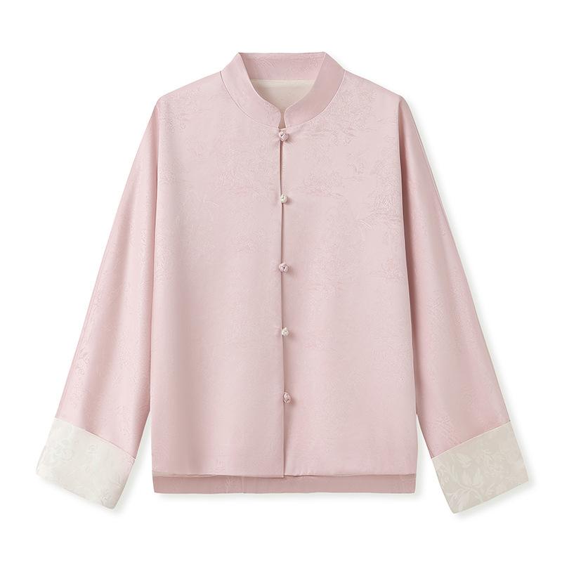 

New Chinese cardigan contrasting color splicing acetic acid top, national style retro buckle temperament versatile jacket ZX model N L рожевий