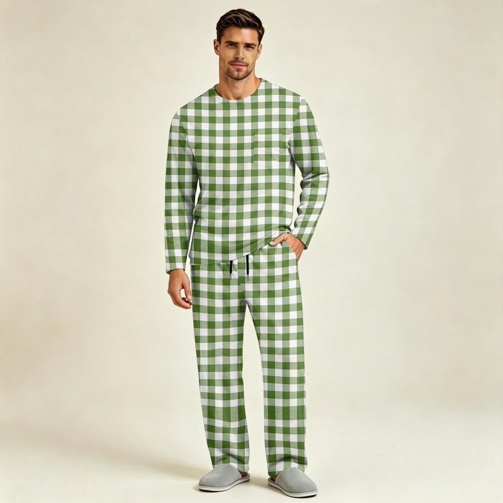 Men's Pajama Set Long Sleeve Top and Long Pants with Button Crotch and Elastic Drawstring Waist for Home Loungewear
