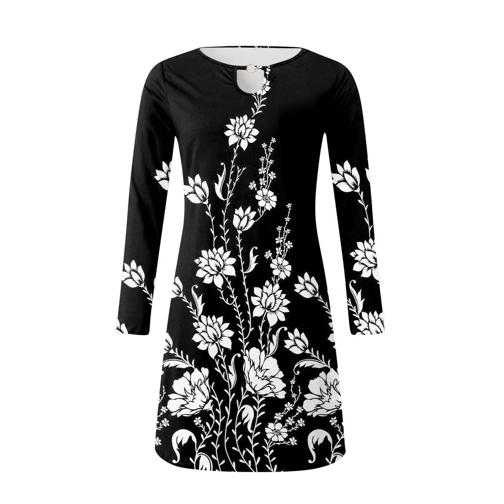 Women's Casual Comfortable Print Long-sleeve Chest Hollow Big Swing Dress