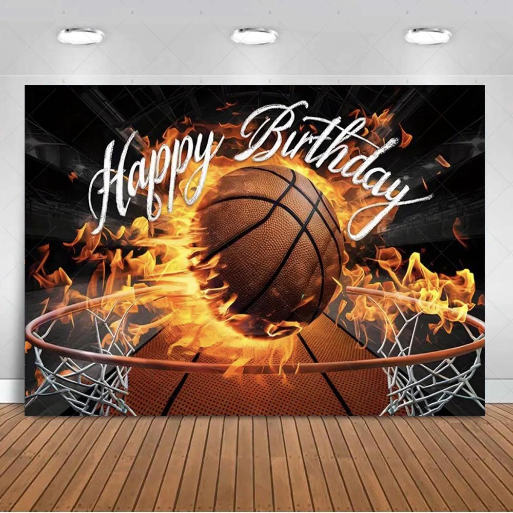 Basketball-themed birthday party decoration, backdrop for boys and girls, colorful happy sports banner.4599