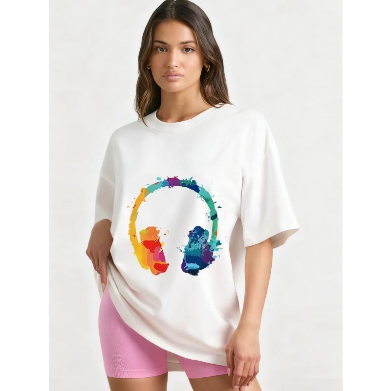 Nadměrné tričko černé s potiskem duhových sluchátek, ležérní streetwearový módní top pro ženy a muže, pro milovníky hudby, pro každodenní nošení