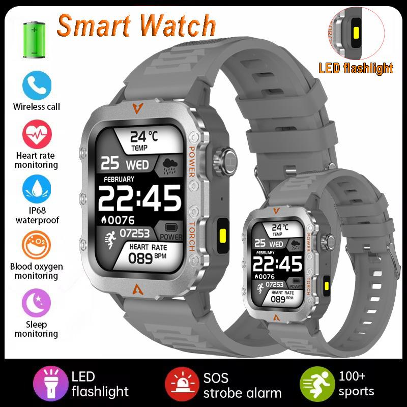 New Men's BT Call Smart Watch LED Flashlight Outdoor Sports Fitness Tracking Smartwatch Wristwatch Health Monitoring Watch