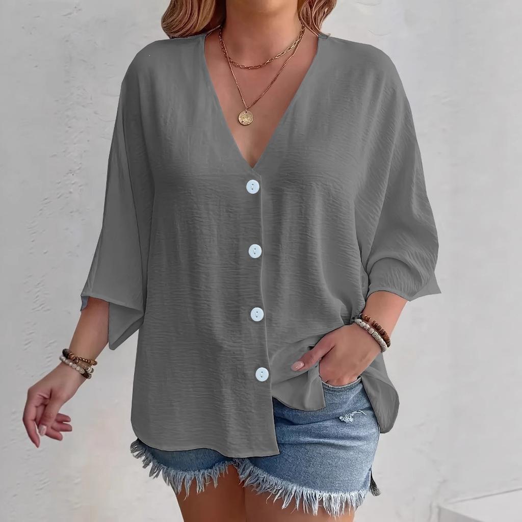 Damen Große Größen Einfarbige V-Ausschnitt 3/4 Ärmel Knöpfe Lockerer Schnitt Freizeit Bluse Hemd Top