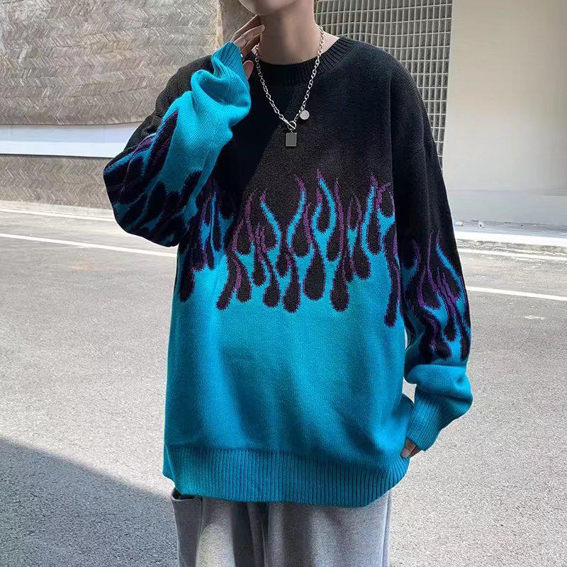 Men's Korean Style Color Block Flame Jacquard Sweater - Fashionable Gradient Loose Fit Knitwear