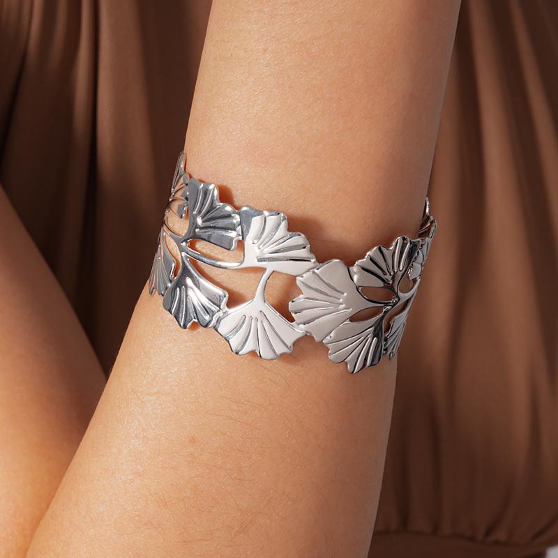 Vintage Ginkgo Leaf Butterfly Open Cuff Bangle Gold Silver Wide Statement Bracelet For Women Boho Party Jewelry
