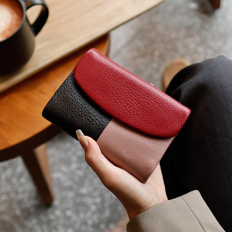 2026 Leather Women's Color-blocked Wallet, Large Capacity Top Layer Cowhide Wallet, Short Clutch