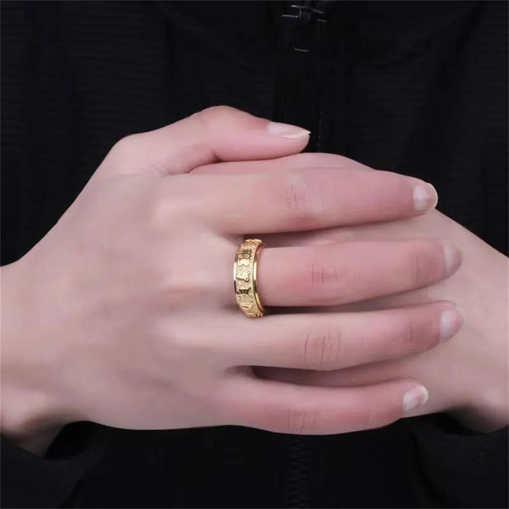 Classic Rotatable Ring Men Women Golden Titanium Steel Domineering Ring Om Mani Padme Hum Vintage Fashion Charm Trend Rings
