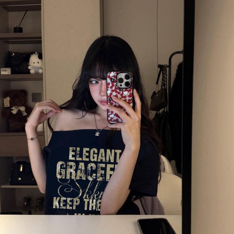 American High Street Slanted Shoulder Short-sleeved T-shirt Women In Summer Lazy Style Slim Versatile Top