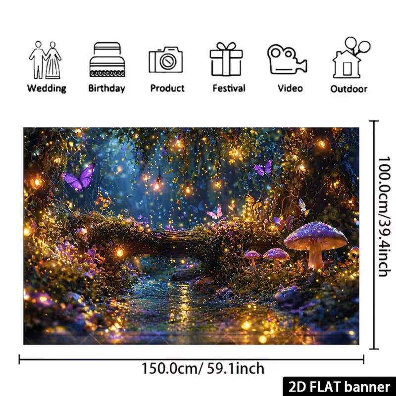 2D Enchanted Forest Backdrop, Magical Night Mushroom & Butterfly Photography Background