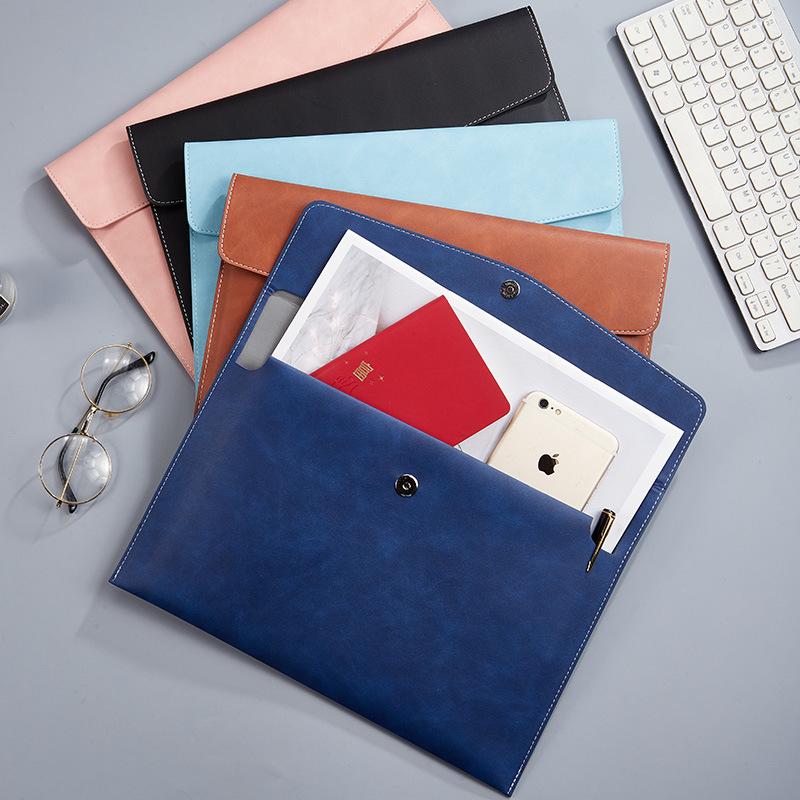 Waterproof A4 Leather Document Bag with Snap Button - Business Office Storage Folder with Custom Logo