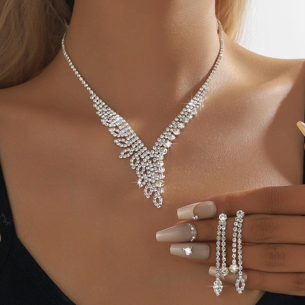 3PC Women's Fashion Design Leaf Necklace Earrings Zircon Set, Suitable for Wedding, Party, and Festival Gifts