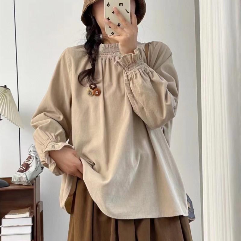 Johnature Casual Elasticated Corduroy Top Women Japanese Forest Balloon Sleeve Shirt Autumn Winter
