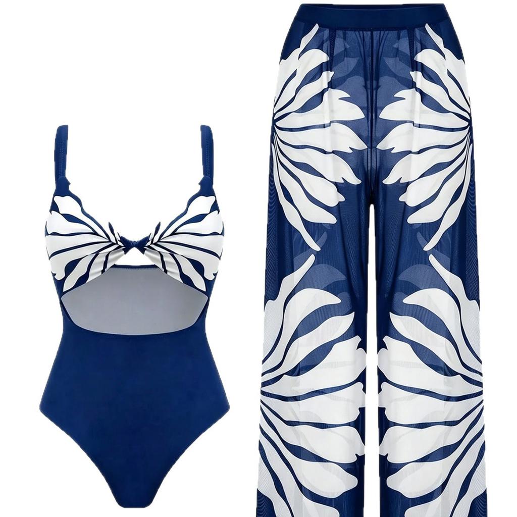 1011 New One-piece Swimsuit Women's Two-piece Set Printed Sunscreen Trousers Swimsuit European and American Vacation Swimsuit