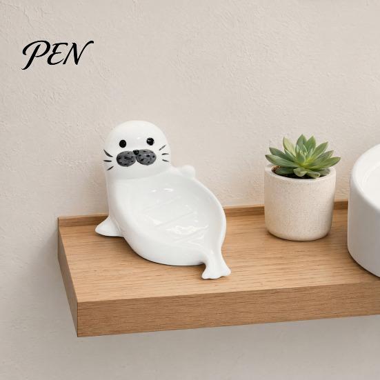 Cute Seal Soap Holder Ceramic Dish, with Self-Draining Design, Sponge Durable Organizer Tray, for Bathroom Countertop And Kitchen Sink Dish