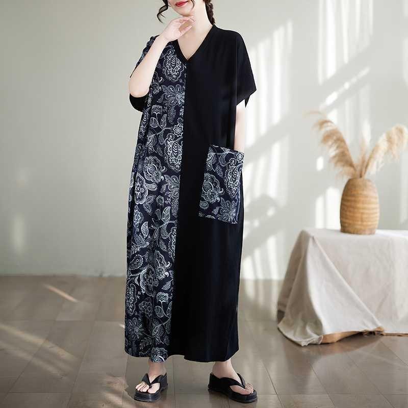 Cotton and Linen Slimming Short Sleeved Color Blocked Ultra Long Dress for Women