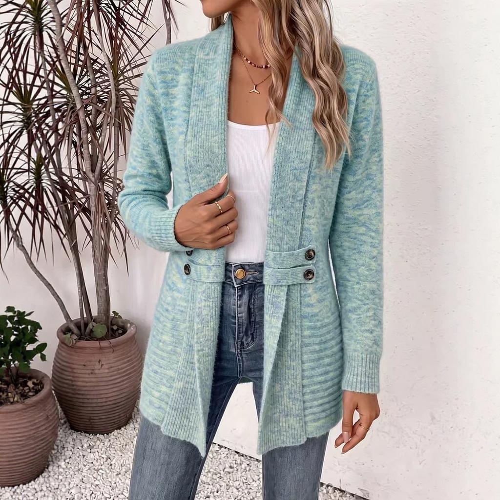 Women's Casual Double-Breasted Open Cardigan Sweater with Decorative Belt, Mid-Length Relaxed Fit for Everyday Wear