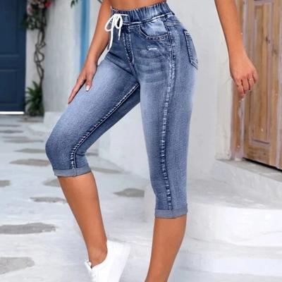 Damenjeans mit elastischem Bund, Kordelzug, hohem Bund, Rissloch, Damen High Stretch Denimhose
