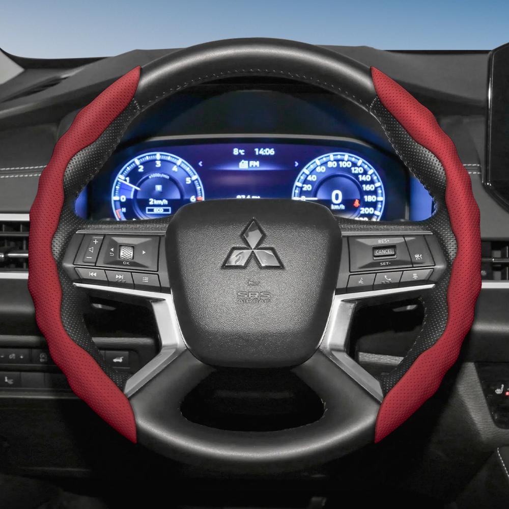 Suitable for Mitsubishi Steering Wheel Cover with Wavy Sports Design, Breathable Leather, Segmented, Non-Slip, Sweat-Absorbent, Suitable for Outlander
