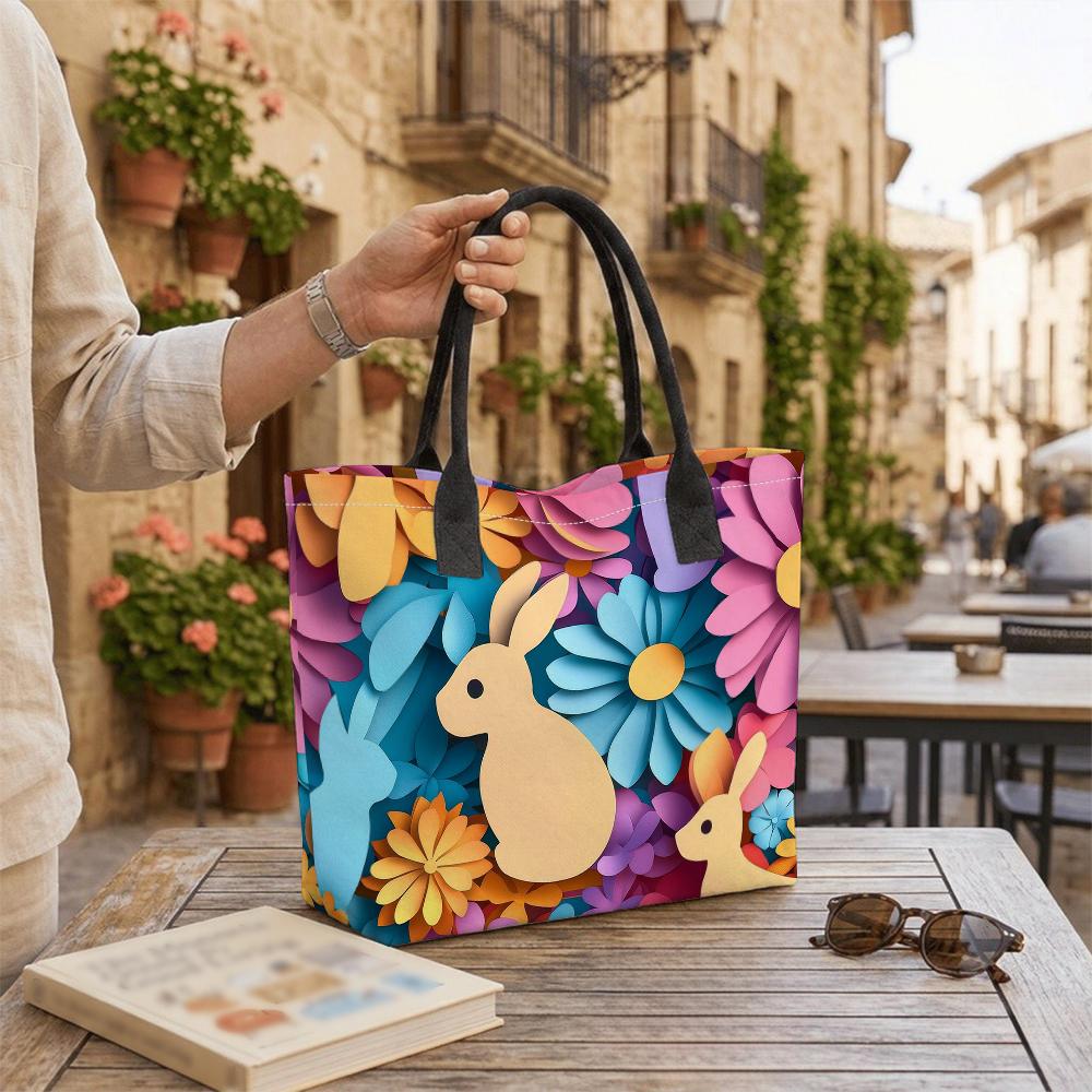 Floral Bunny Printed Tote Bag Large Capacity Casual Shoulder Handbag for Daily Use