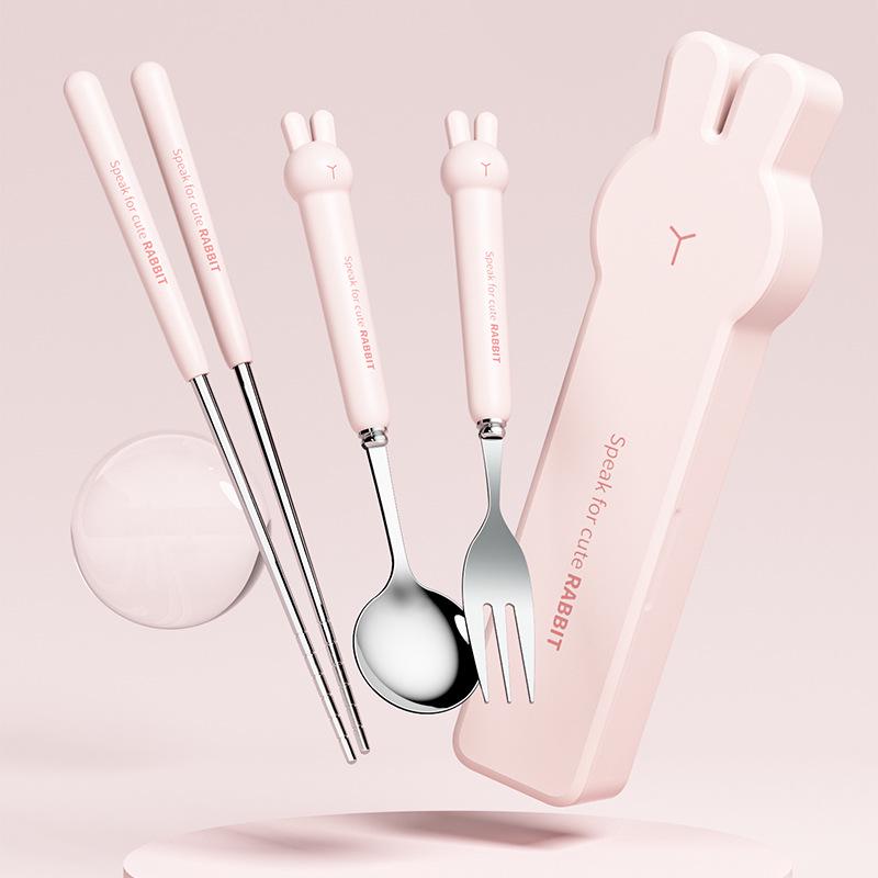 304 Stainless Steel Cartoon Bear & Rabbit Portable Cutlery Set - Chopsticks, Fork & Spoon for Students & Outdoors