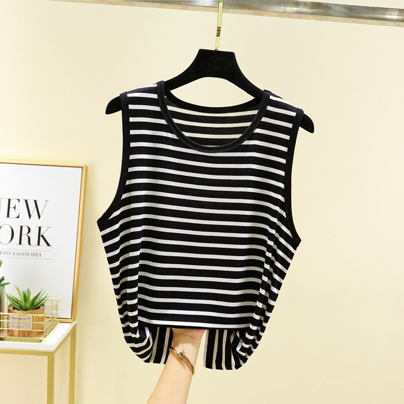 

Модальная полосатая майка женская летняя повседневная универсальная футболка без рукавов большого размера свободная прохладная верхняя одежда топы с круглым вырезом Black XL (60.00 kg-70.00 kg recommended