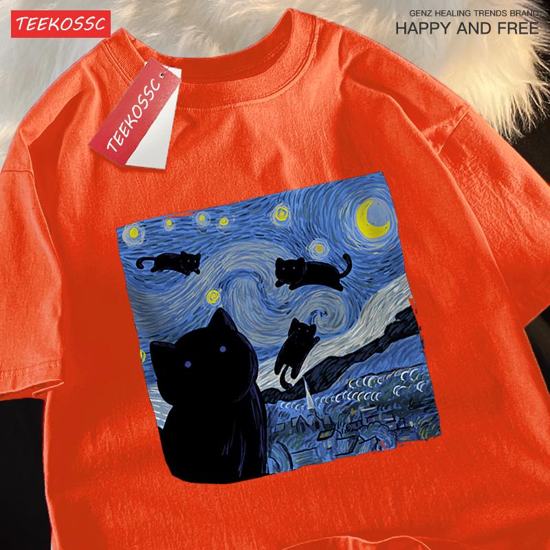 

Oil Painting The Starry Cat Night Tshirt Men Women Casual Breathable Summer Tshirts Oversized Loose T Shirt Cotton Clothing 4XL