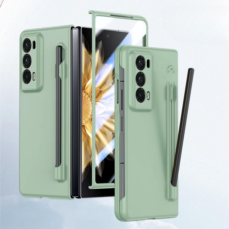 Luxury Armor Case for Honor Magic V2 Matte with Pen Skin Feel Transparent Screen and Solid Color Back Shockproof Hard Plastic Cover