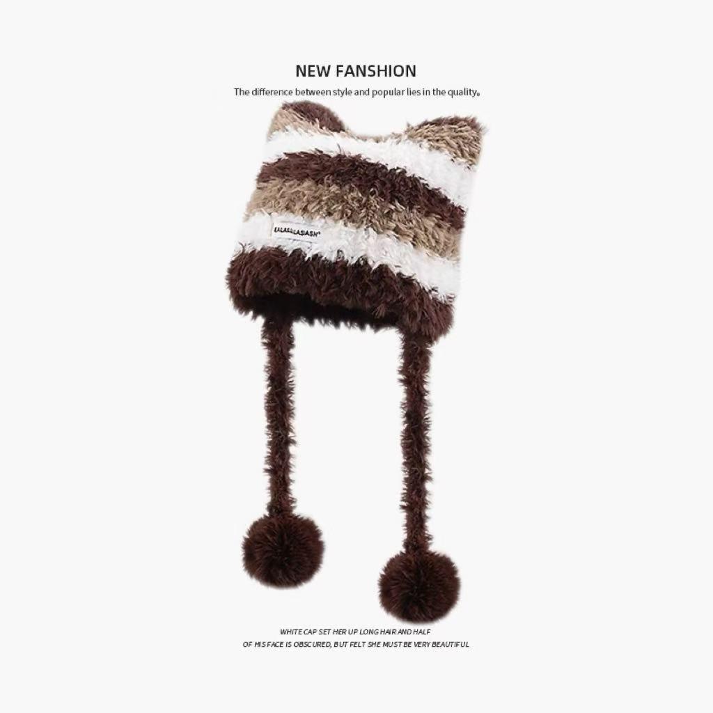 Winter bear new plush ear protection knitted hat female cute fashion versatile face small wool hat