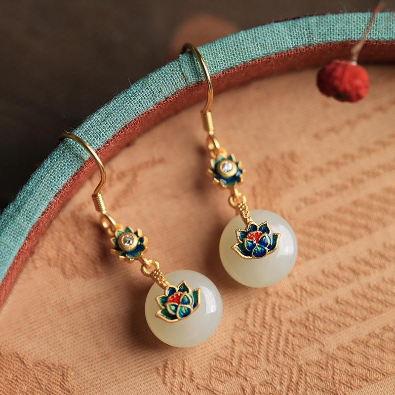 Hetian Jade Ear Hook Earring Women's High-end Temperament Ethnic Retro Earrings Cloisonne Craft Dangler Gift