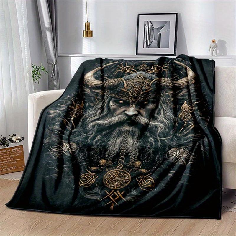 Dark Fantasy Style Viking Head Pattern Printed Blanket, Suitable for Sofa, Bed, Camping, Office, Travel Gift Blanket, All-season Multi-purpo