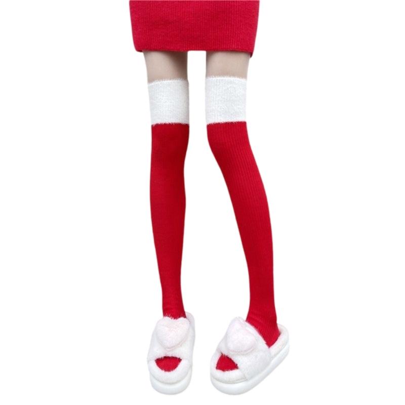 Classical Holiday Themed Cosplay Christmas Thigh High Long Socks for Women Plush Top Patchwork Over the Knee Stockings