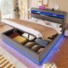 Upholstered Bed, 180x200cm, USB Type-C Charging, LED Lighting, Hydraulic Storage, Flip-top Compartment, No Mattress, Button/App Control, Linen, Gray