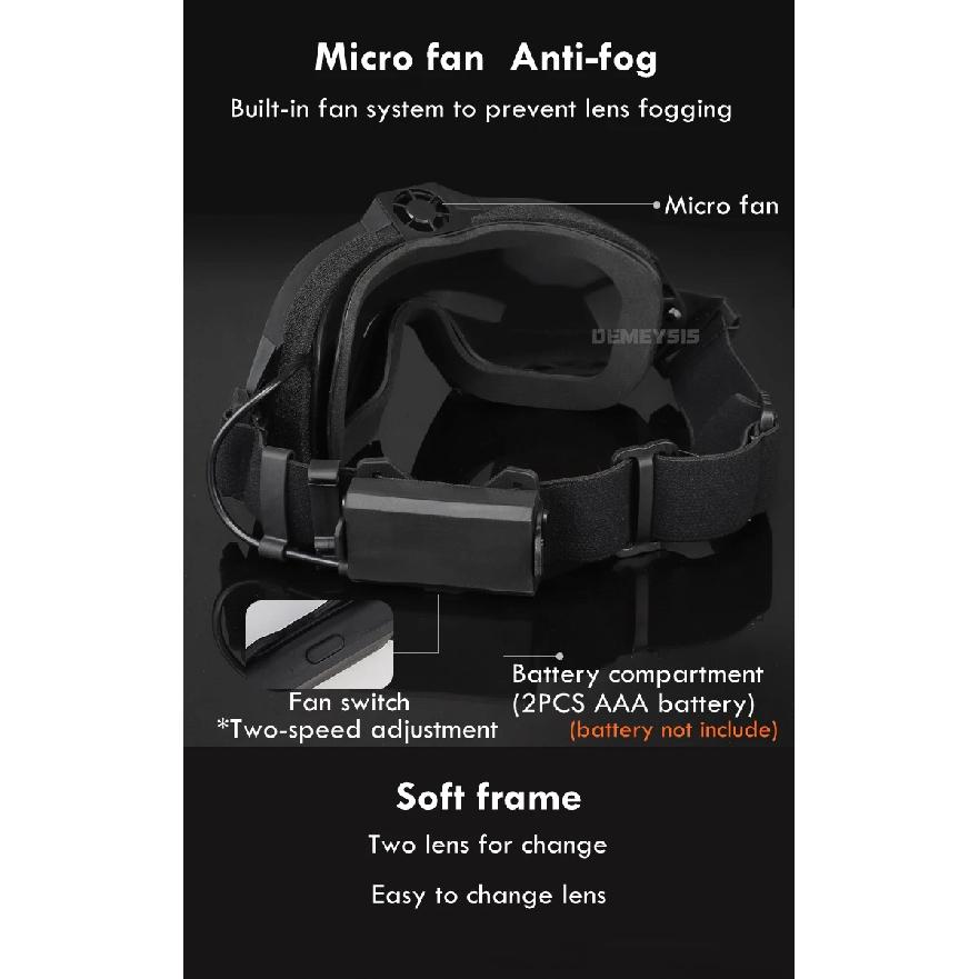Tactical Goggles with Micro Fan Ourdoor Sport Airsoft Cs Wargame Shooting Glasses for Paintball Eyewear Hiking Sunglasses