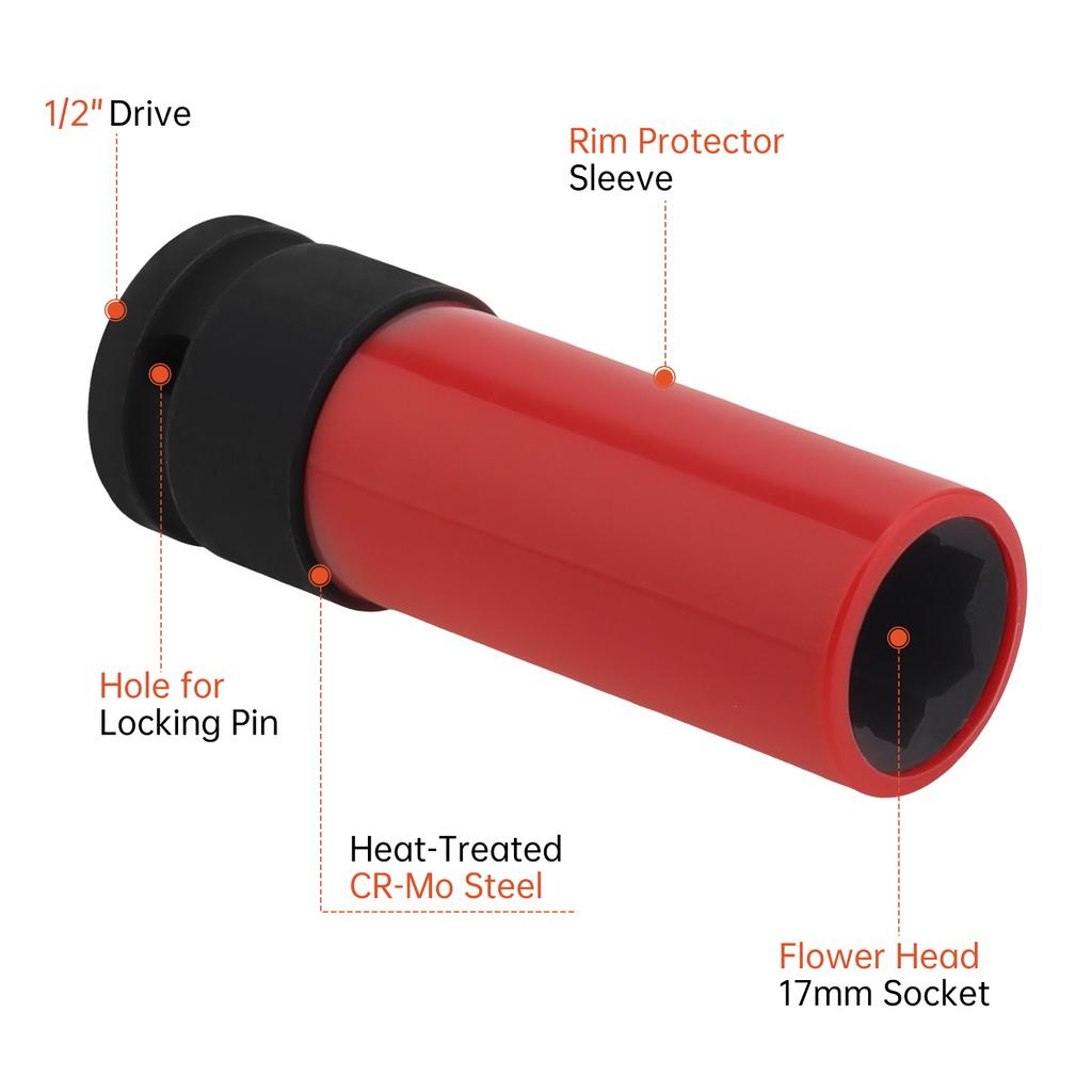 17mm 1/2 Inch Drive Chromium Molybdenum Steel Lug Nut Remover Socket Anti-Theft Smart Cover