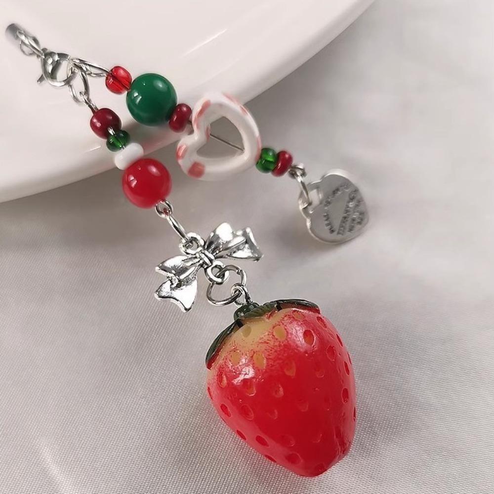 Bag Hanging Strawberry Keychain Pendant Sparkling Car Keyring Creative Beaded Phone Lanyard  Girls