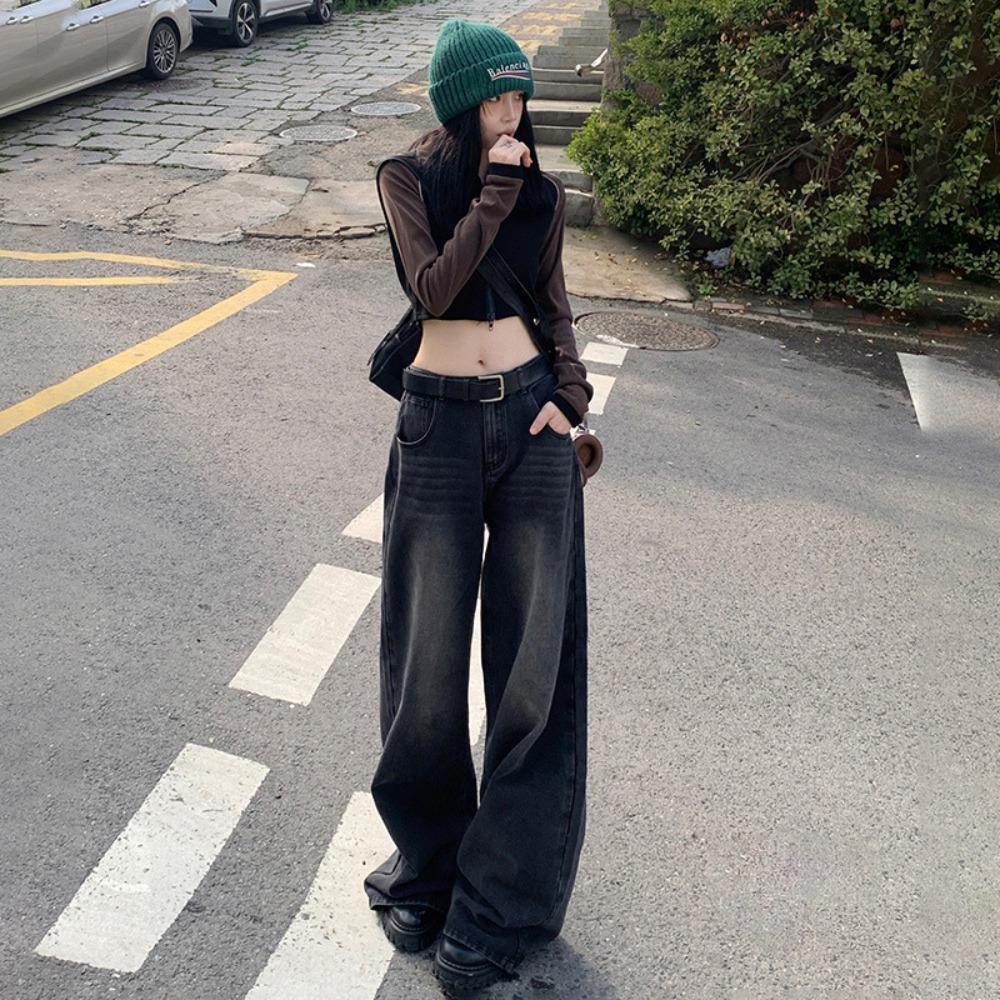 Women's High Waist Wide Leg Jeans Vintage Washed Straight Denim Pants Loose Draped Floor Length American Retro Casual Trousers